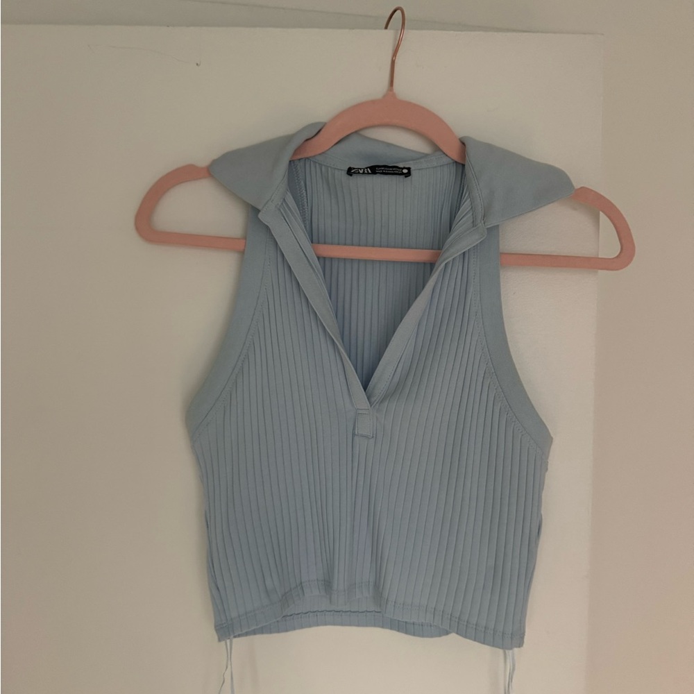 Zara Light Blue Sleeveless Collared Top